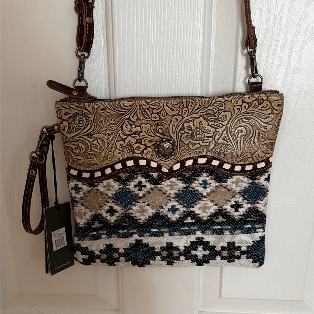 Myra Bag Tan and Blue Crossbody Bag